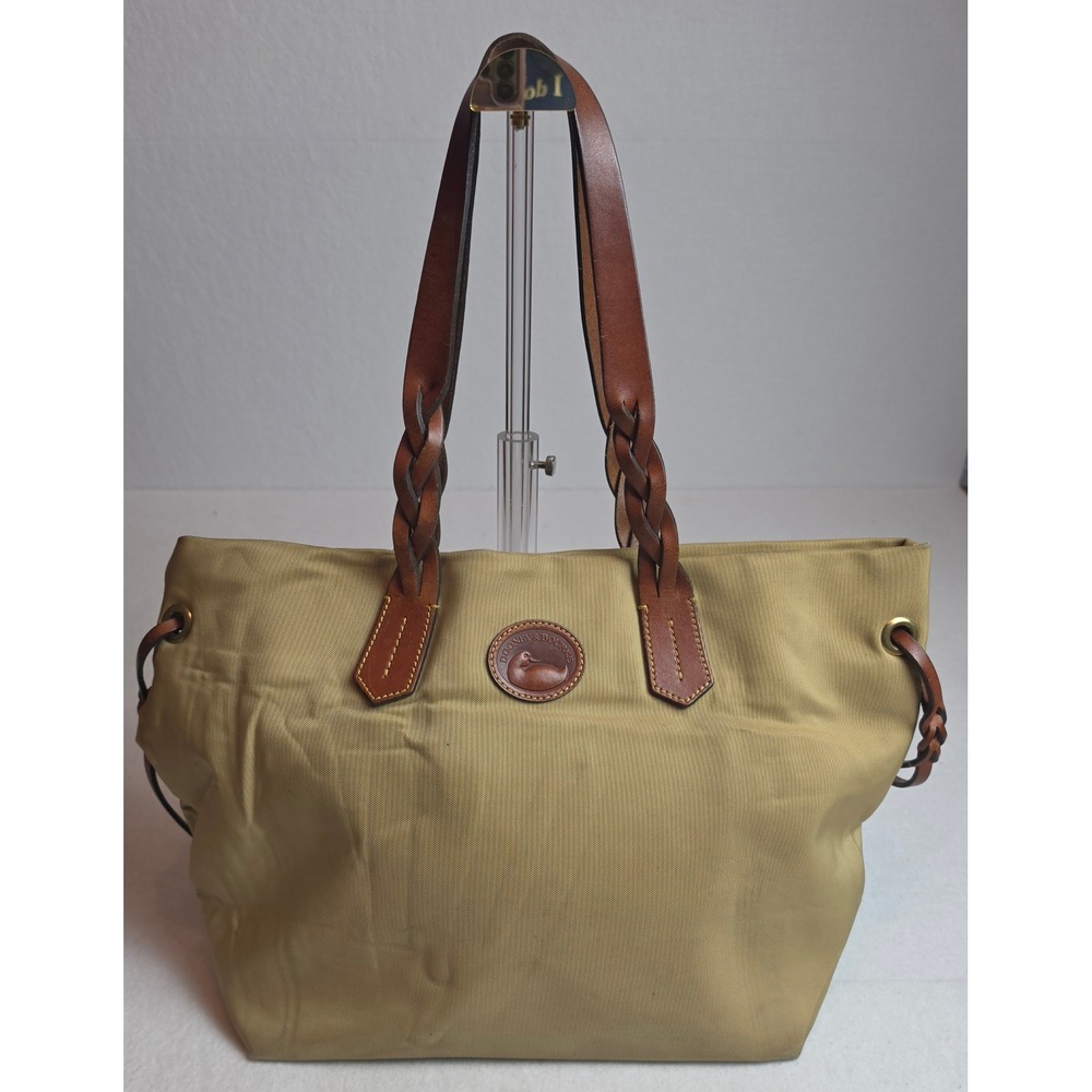 Dooney & Bourke Khaki Nylon Tote Bag Braided Leather Handles Brown Trim